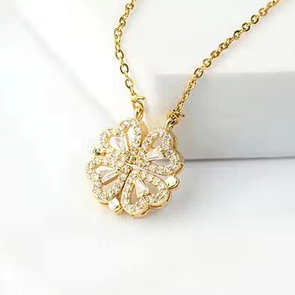 18K Gold Plated Rhinestone Hearts And Clover Necklace NWOT